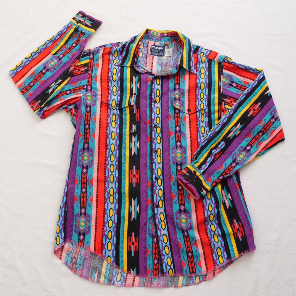 Vintage 90s Wrangler Brushpopper‎ psychedelic southwest print button down shirt